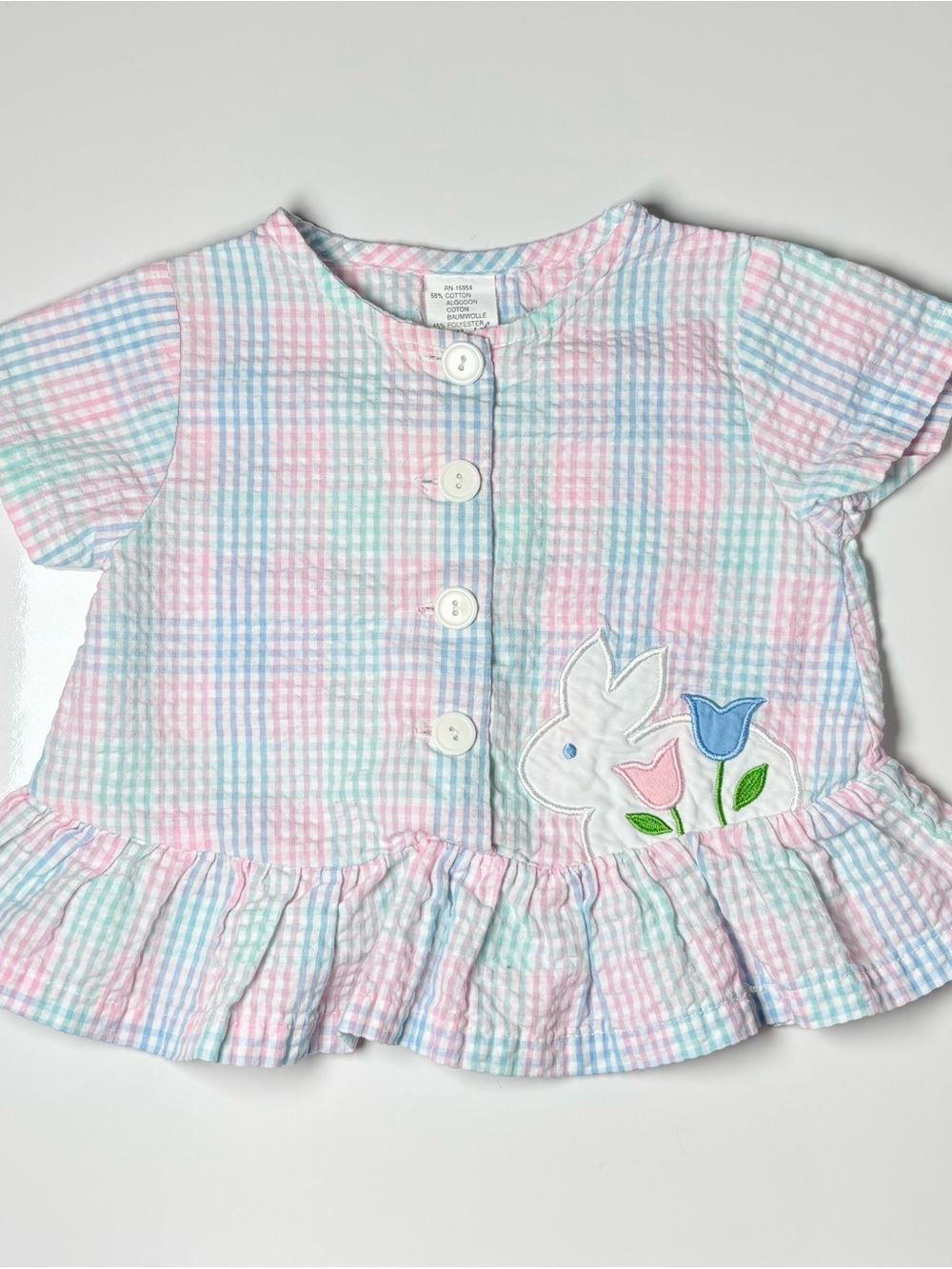 Vintage 80s 90s Nanette Pastel Gingham Seersucker Bunny Tulip Peplum Top 12M